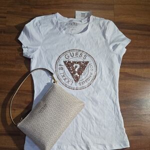 Guess White Tee M Rose Gold Sequin Logo  Beige Monogram Wristlet + Purse Nwt